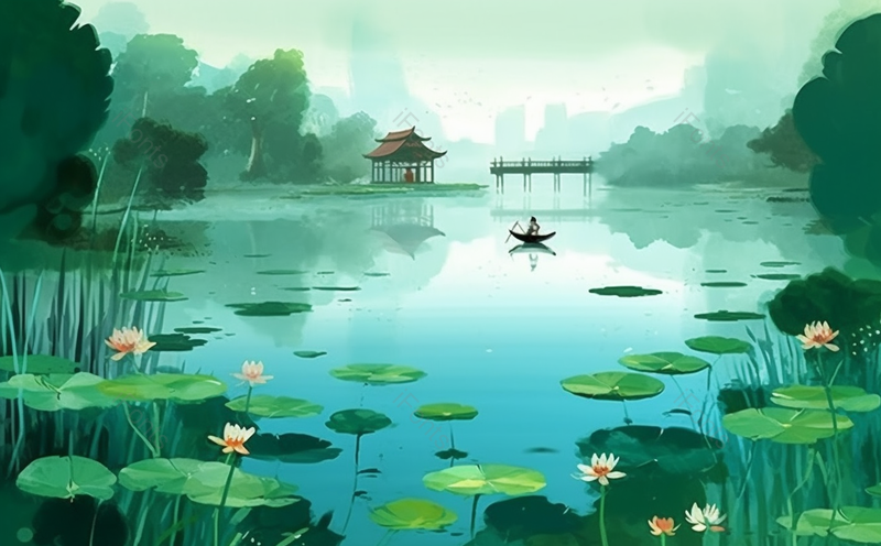 绿色的池塘里荷花盛开青山绿水中国风插画背景壁纸,插画/手绘图,插画/手绘图库,插画/手绘图下载,插画/手绘